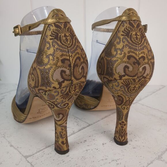 Bebe Gold Strappy Brocade Floral Sparkle Stiletto Heels Size 9.5 M Coquette - Picture 3 of 12